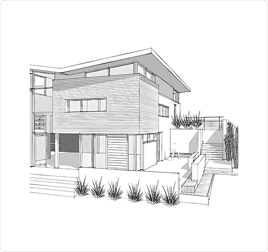 A drawing of a house with stairs going up the side.