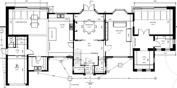 A drawing of the floor plan for a house.